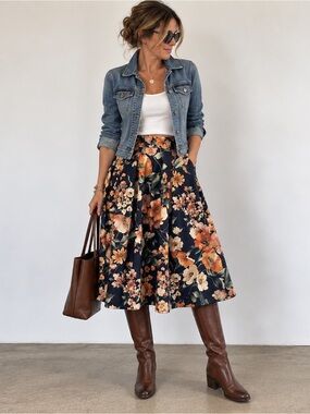 Vintage Inspired Faith And Joy Navy Floral Midi Swing Skirt Size Medium
